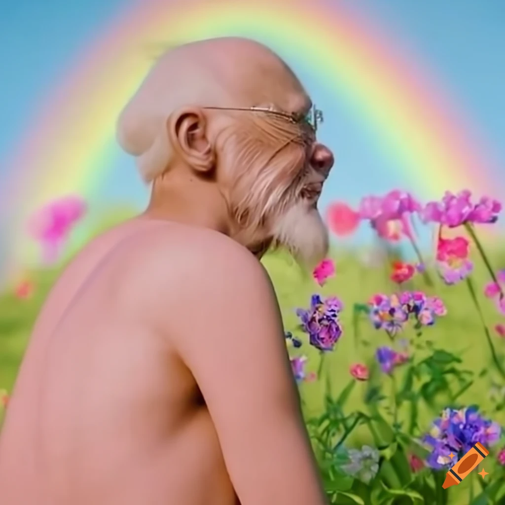 Hiding pain Harold meme enjoying a sunny day with rainbow and flowers on  Craiyon