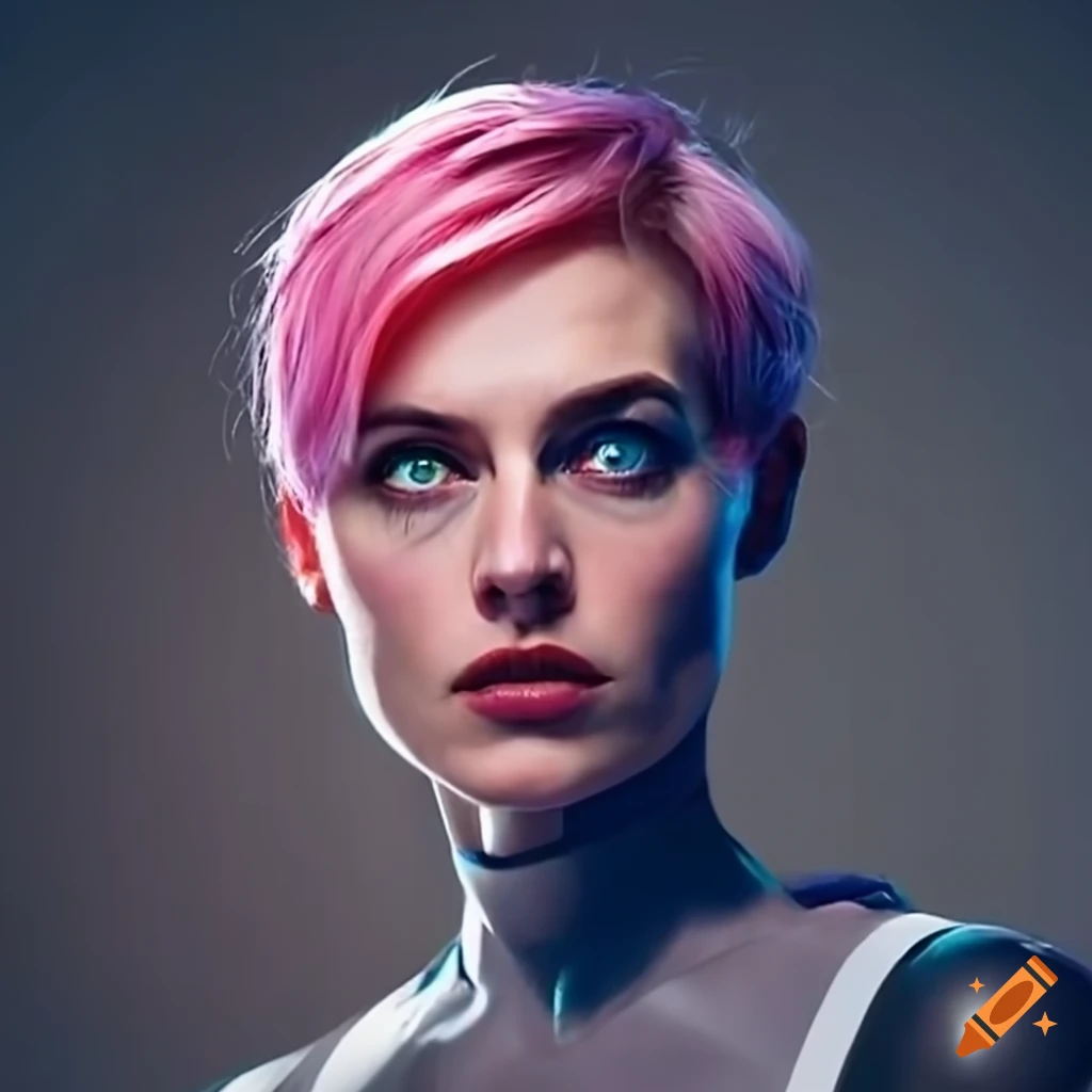 portrait of a futuristic woman with pink hair and green eyes