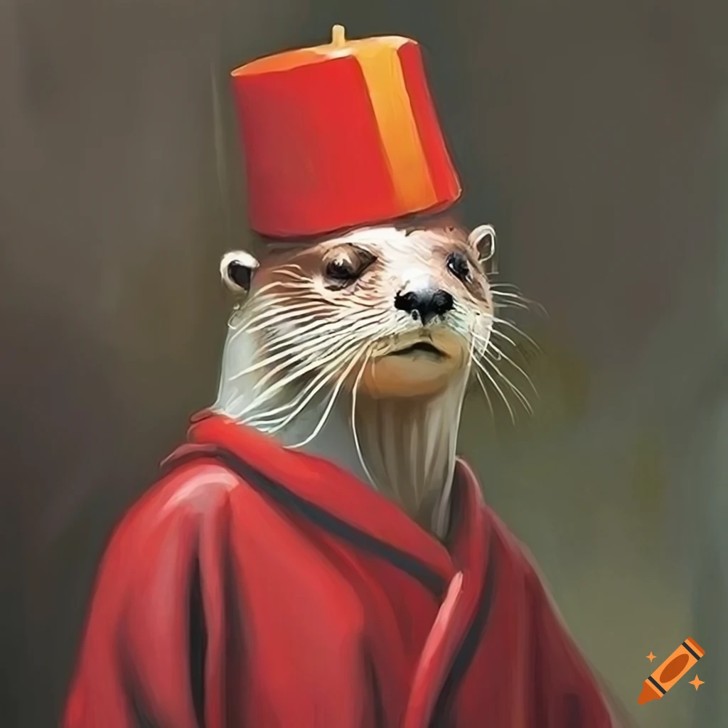 oil painting of a wise otter in red robe and fez