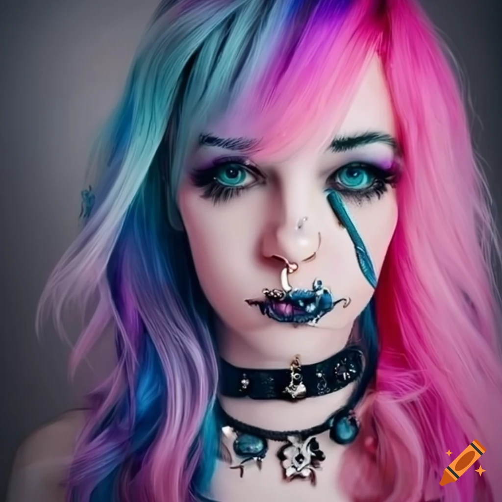 Portrait of beautiful gothic girl on housetop. Pastel goth with violet  (purple) hair in black clothes Stock Photo
