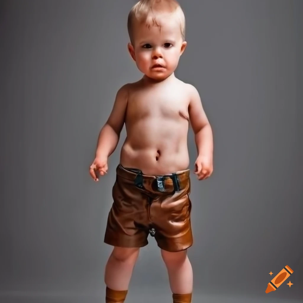 toddler boy in vintage leather shorts near a toilet