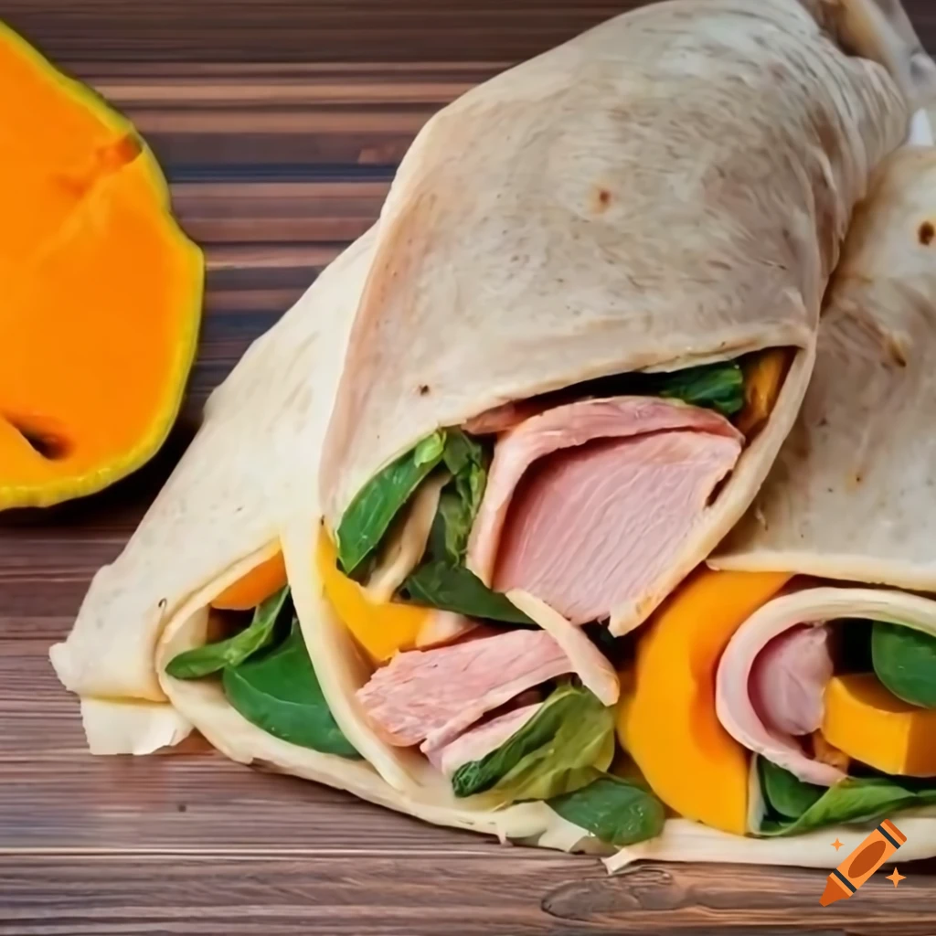 sandwich with smoked turkey breast, spinach, and pumpkin