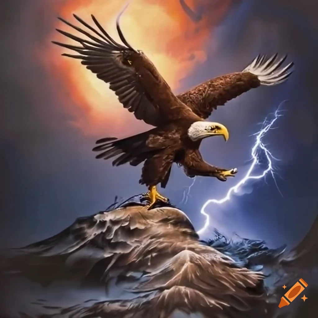 Digital art of an eagle riding lightning on Craiyon