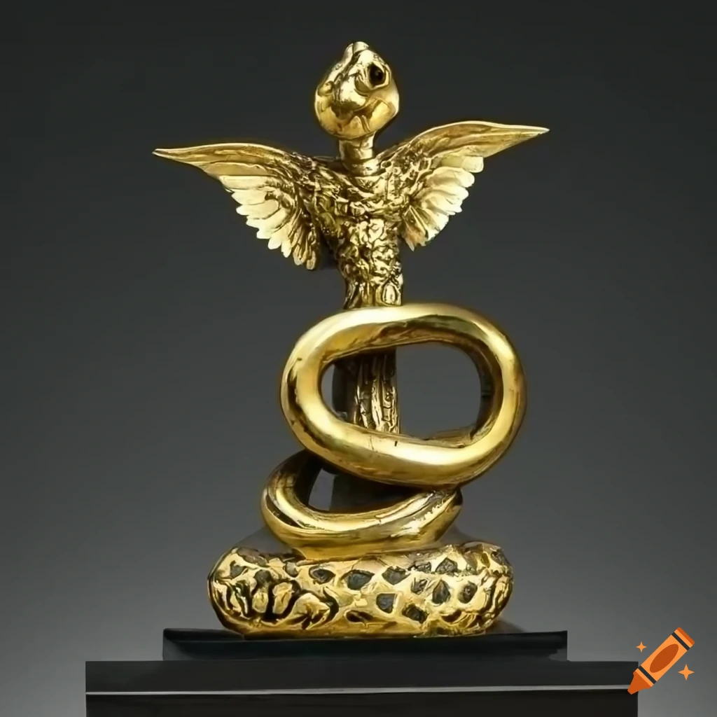 Brass sculpture of a winged snake on a pedestal on Craiyon