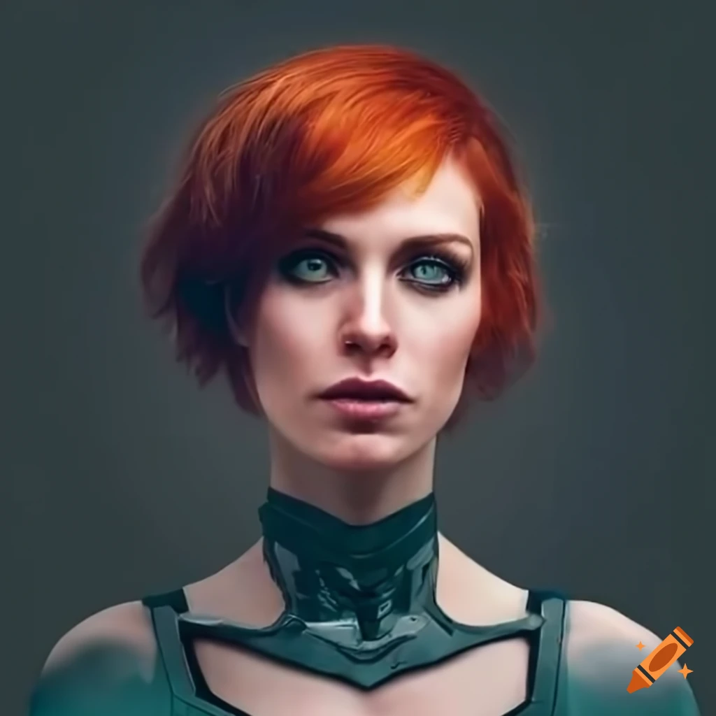 Futuristic woman with red hair and green eyes