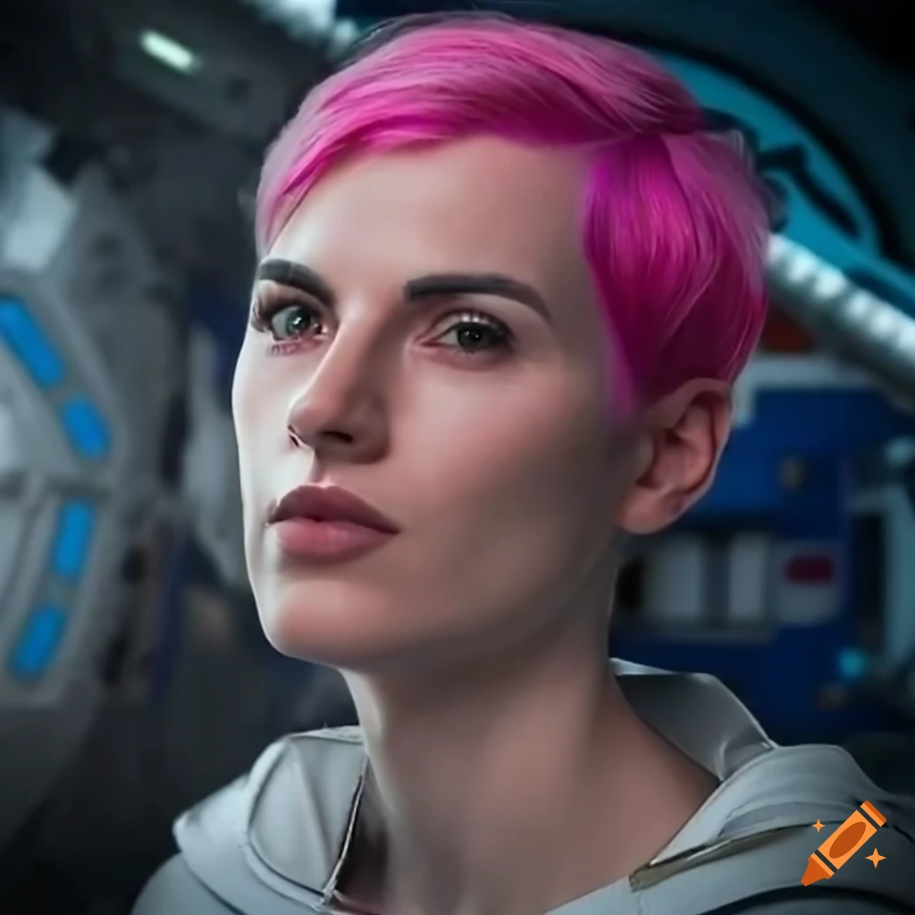 character design of a strong woman with short pink hair in futuristic clothing