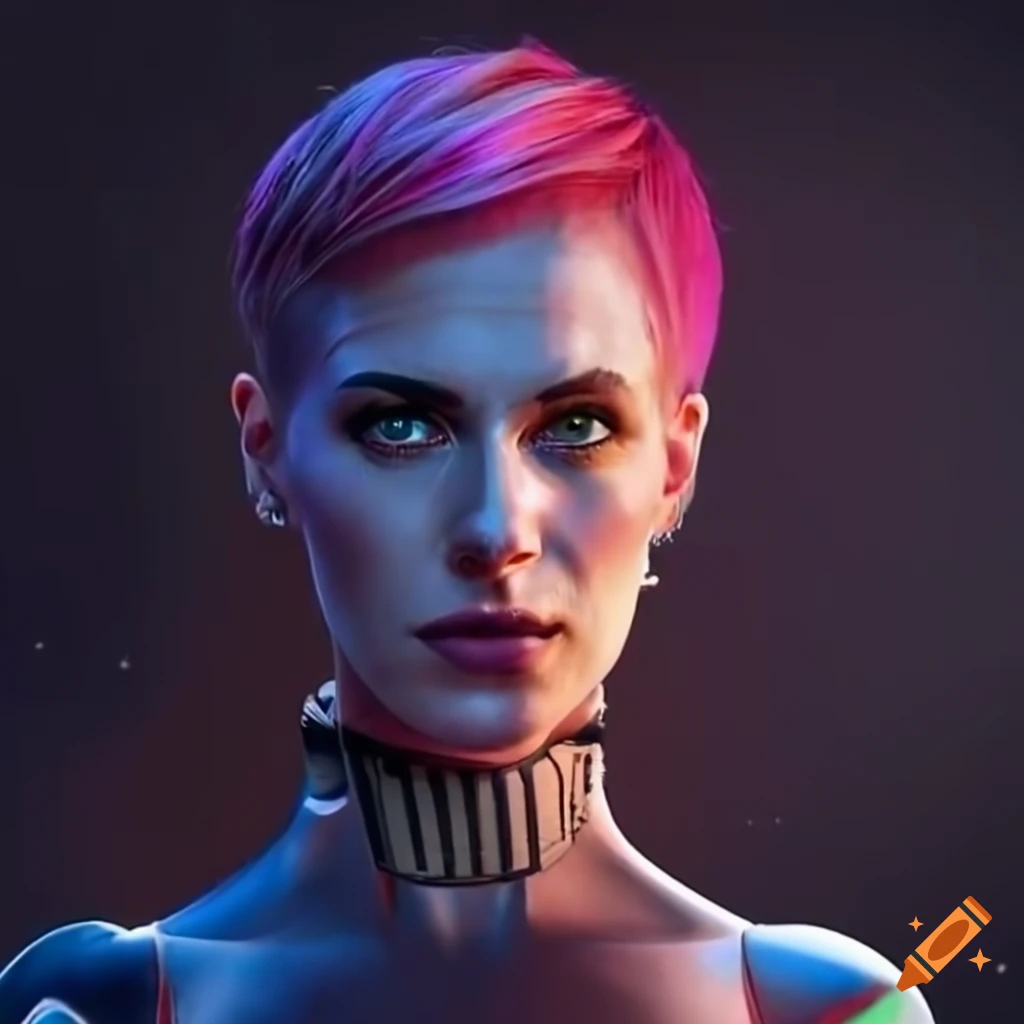 Portrait Of A Futuristic Woman With Pink Hair And Green Eyes