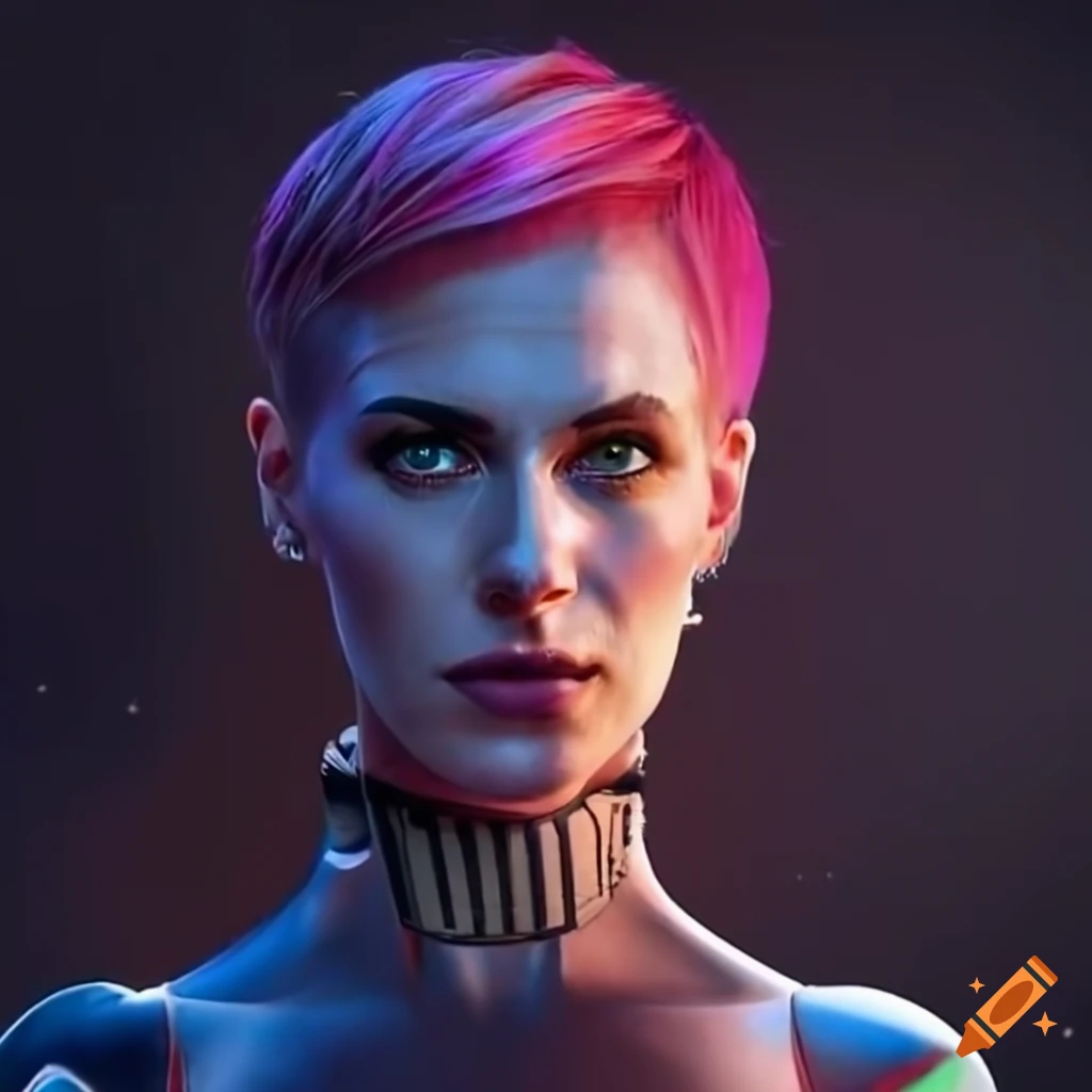 portrait of a futuristic woman with pink hair and green eyes