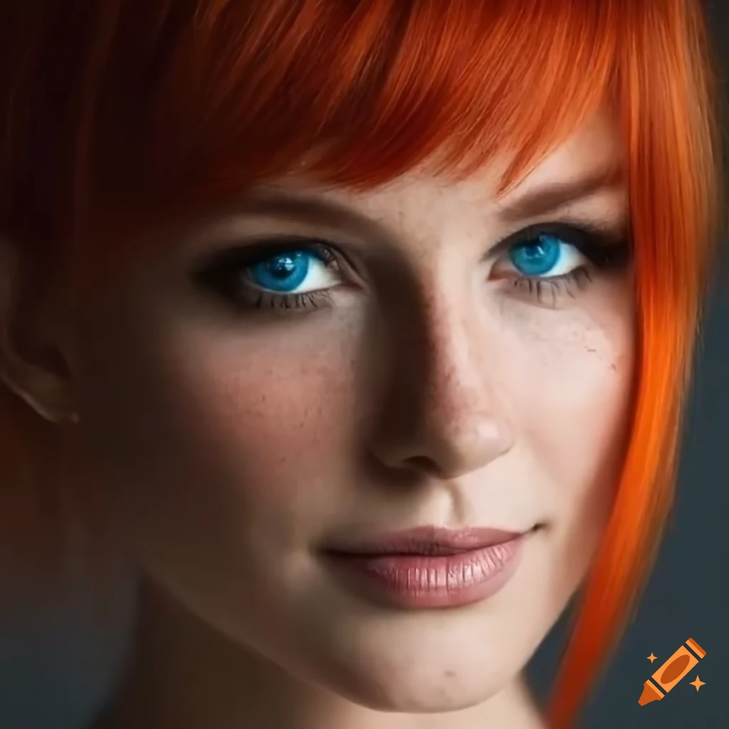 portrait of a beautiful woman with red bob hair and dark blue eyes