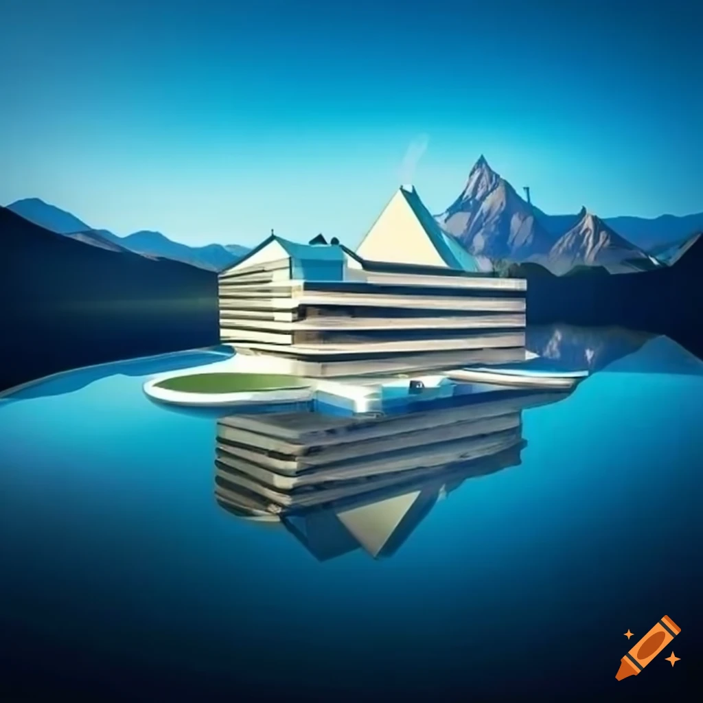 modern building surrounded by mountains, trees, and water