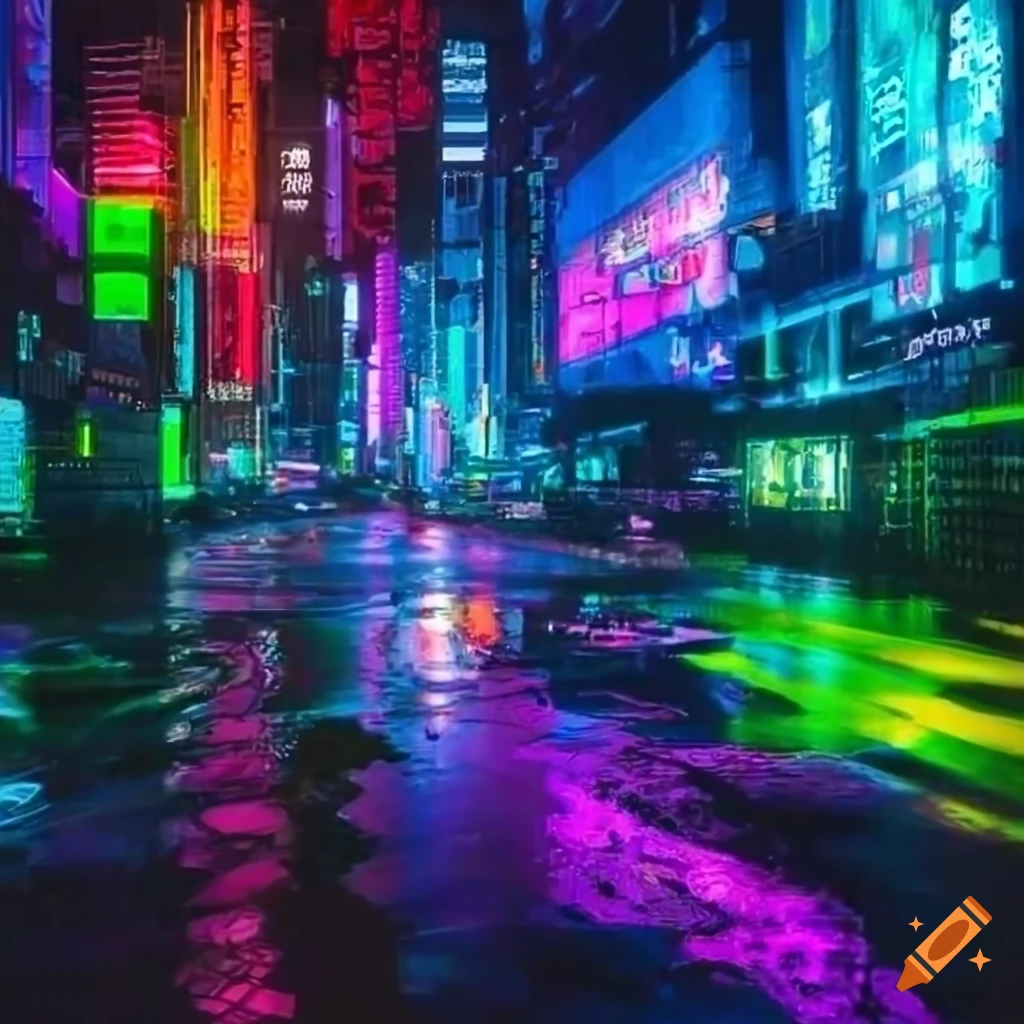 cyberpunk city with blue and purple lights