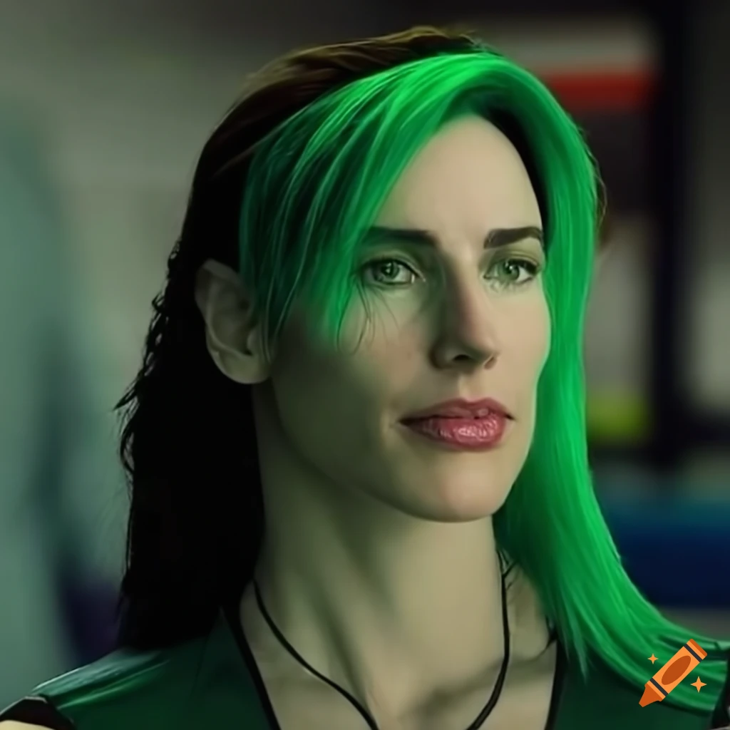 character design of a strong woman with short green hair