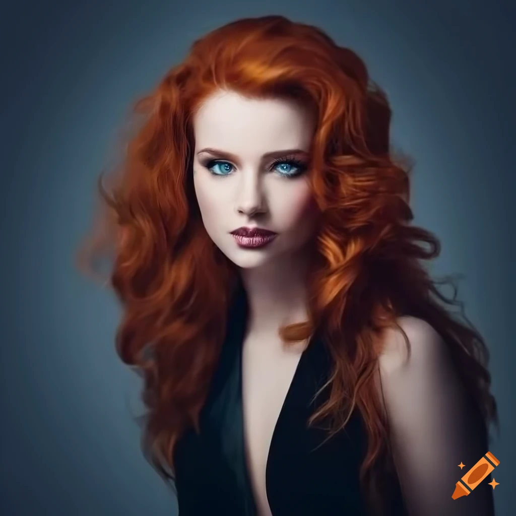 Glamorous redhead woman in a black dress on Craiyon
