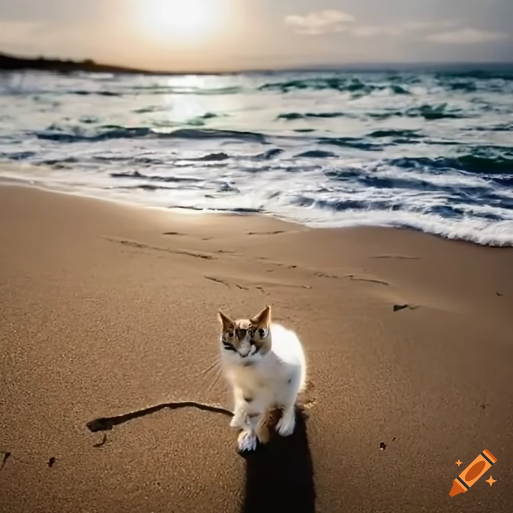 Cat on a beach gazing at the ocean on Craiyon