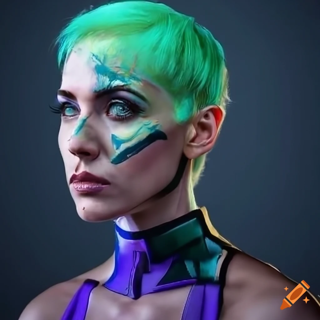 character design of a futuristic woman with green hair and green eyes