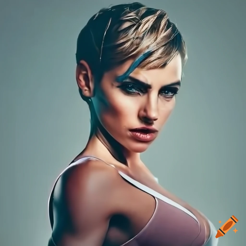 futuristic woman with short hair and sporty clothing