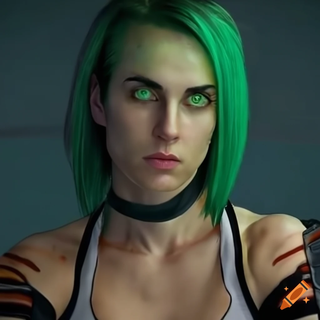 character design of a futuristic woman with green hair and green eyes