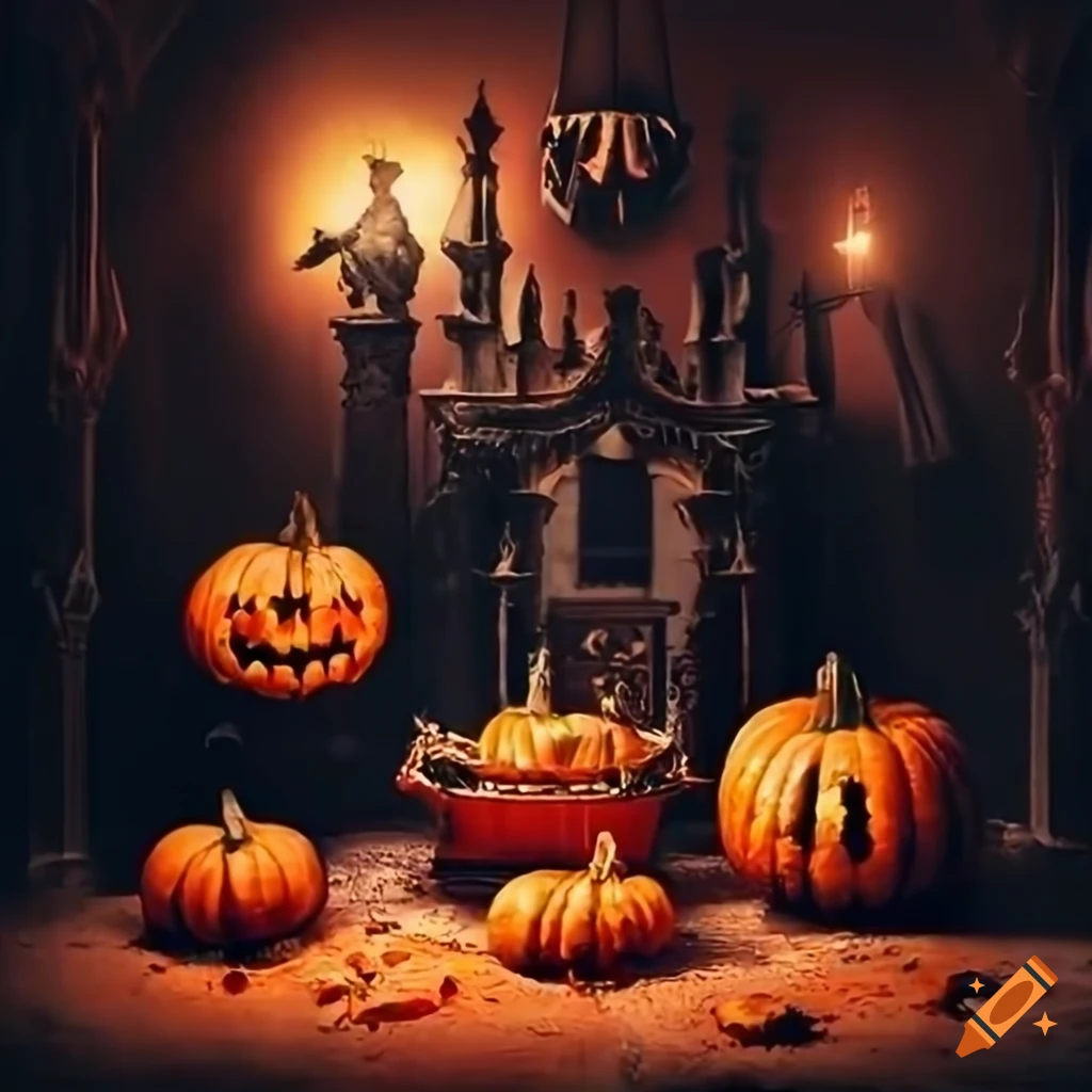 gothic room with pumpkins for Halloween celebration