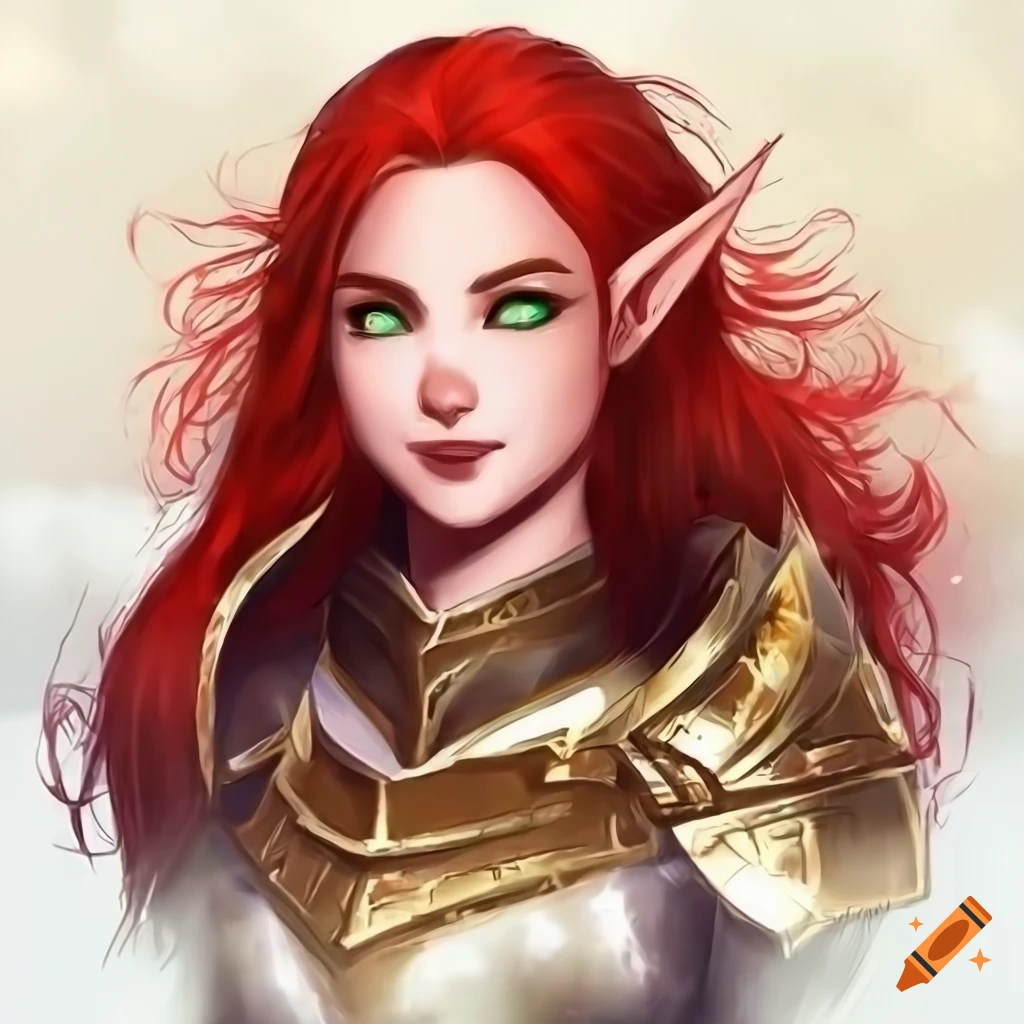 Portrait of a smiling female elf with red hair and green eyes on Craiyon