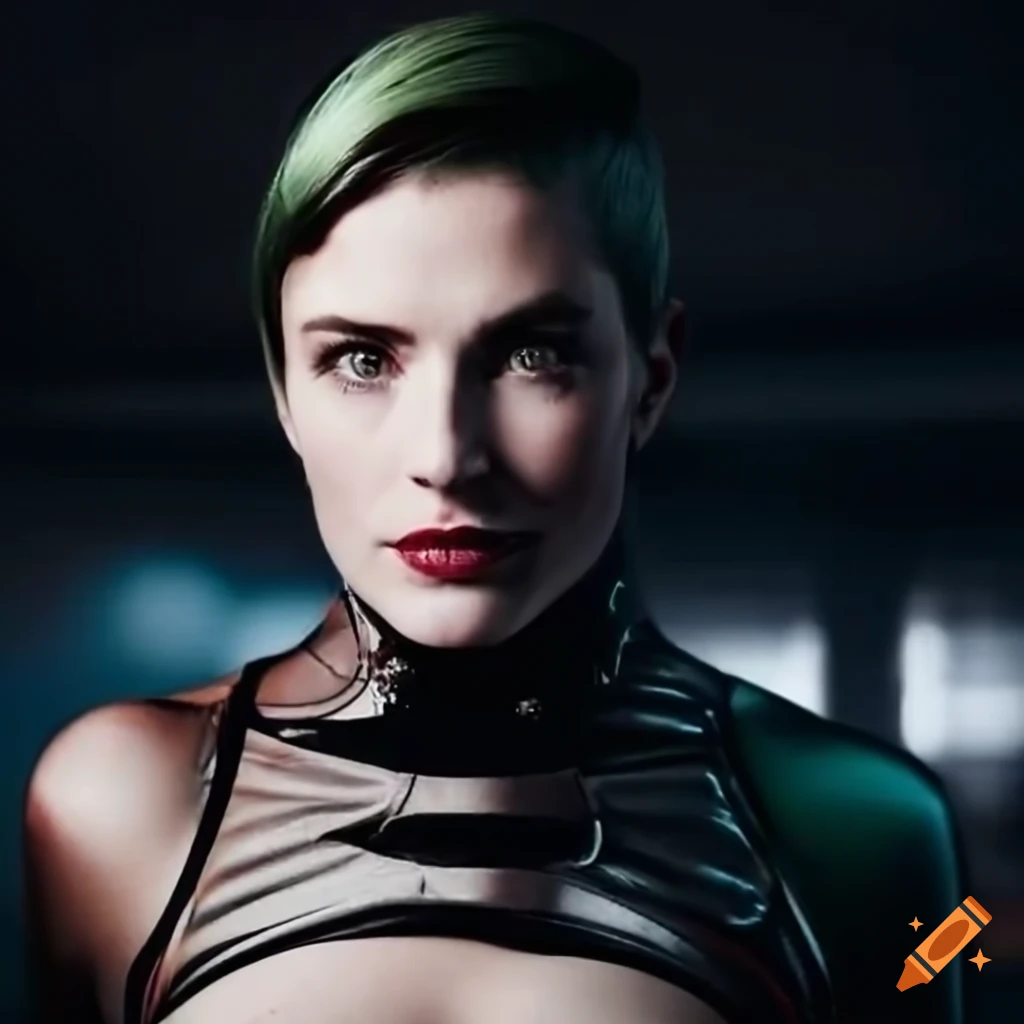 character design of a strong woman with short green hair