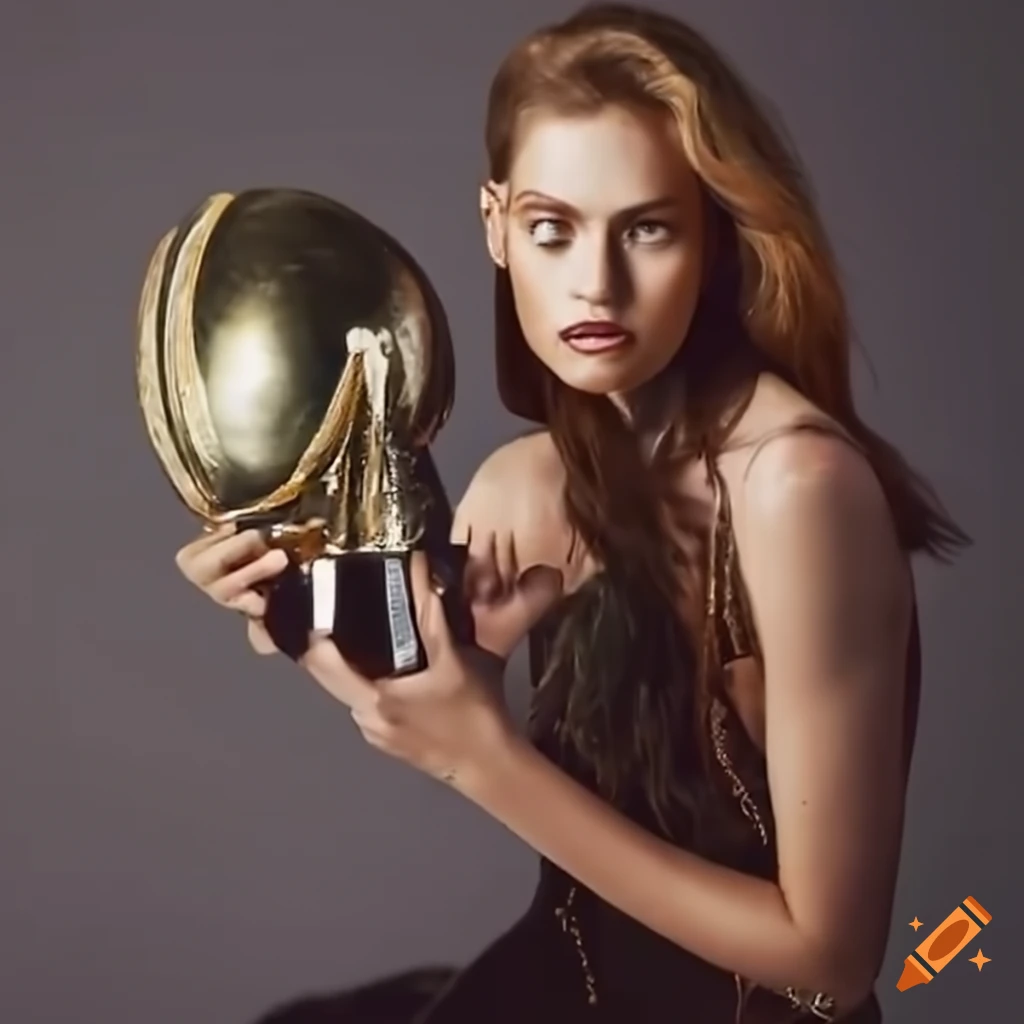 woman holding up a football trophy