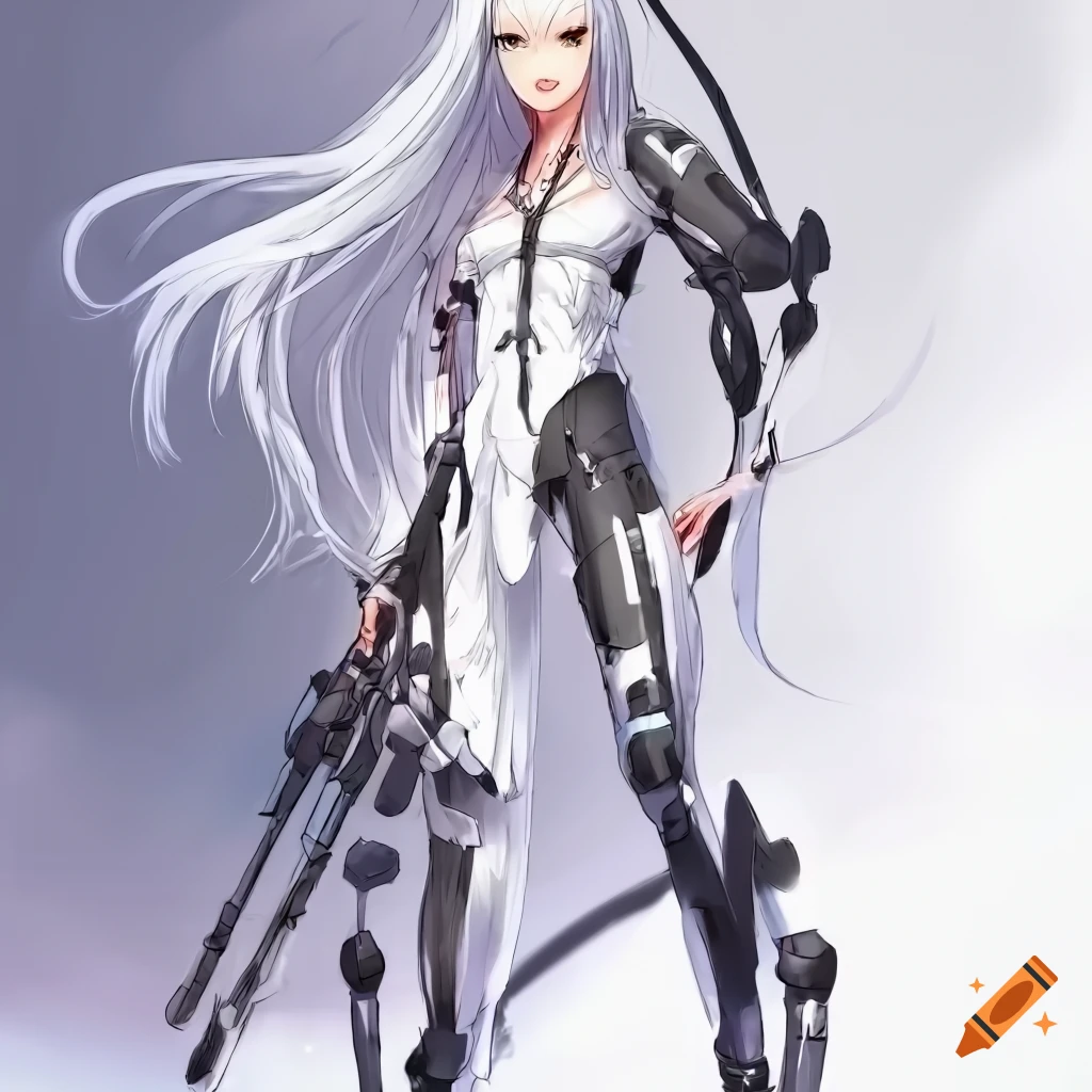 anime-style full body illustration of a white-haired female with a cybernetic left arm