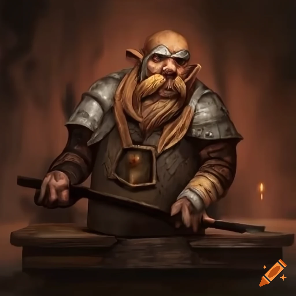 hyperealistic artwork of a Dwarven blacksmith forging a sword