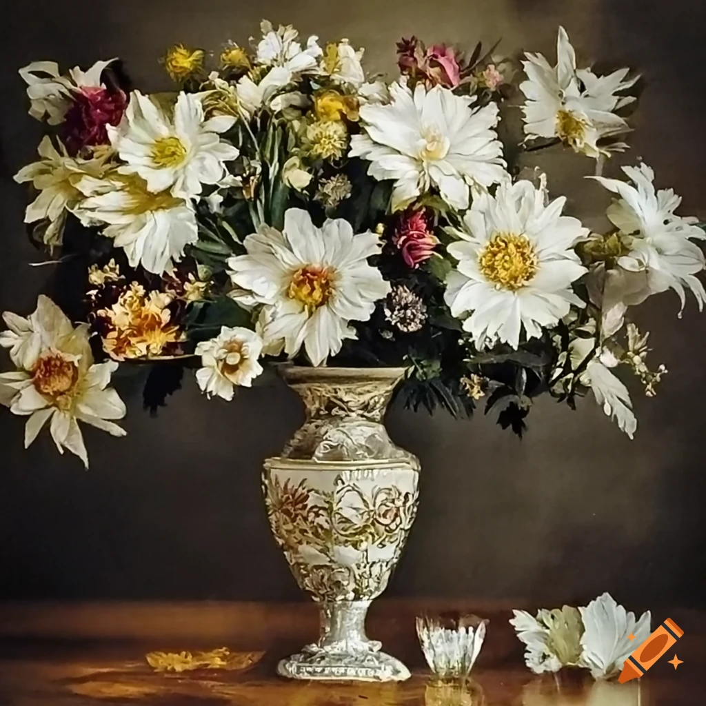 A vase with many white and gold flowers, baroque art, vintage on Craiyon