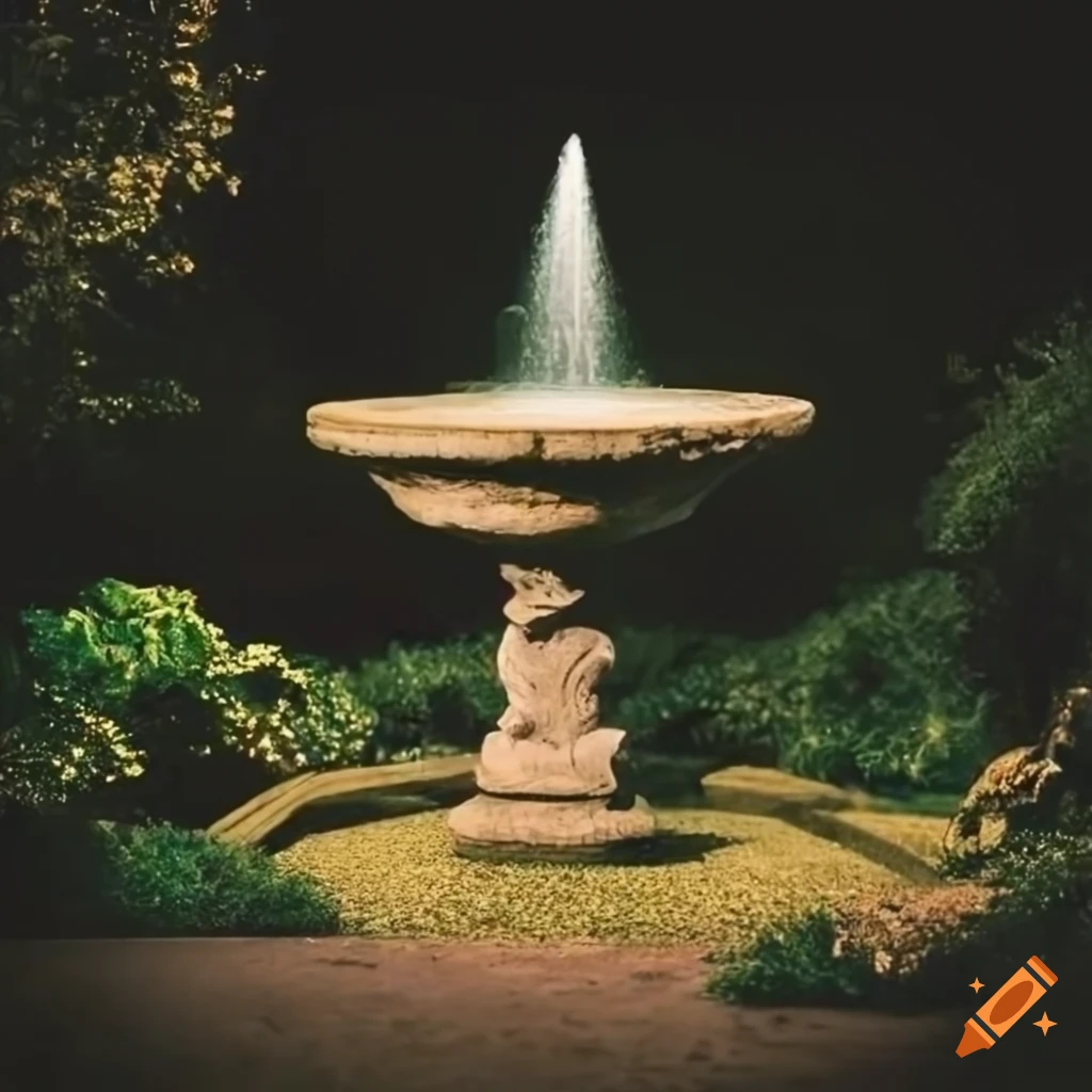 nighttime view of a stone fountain in a park