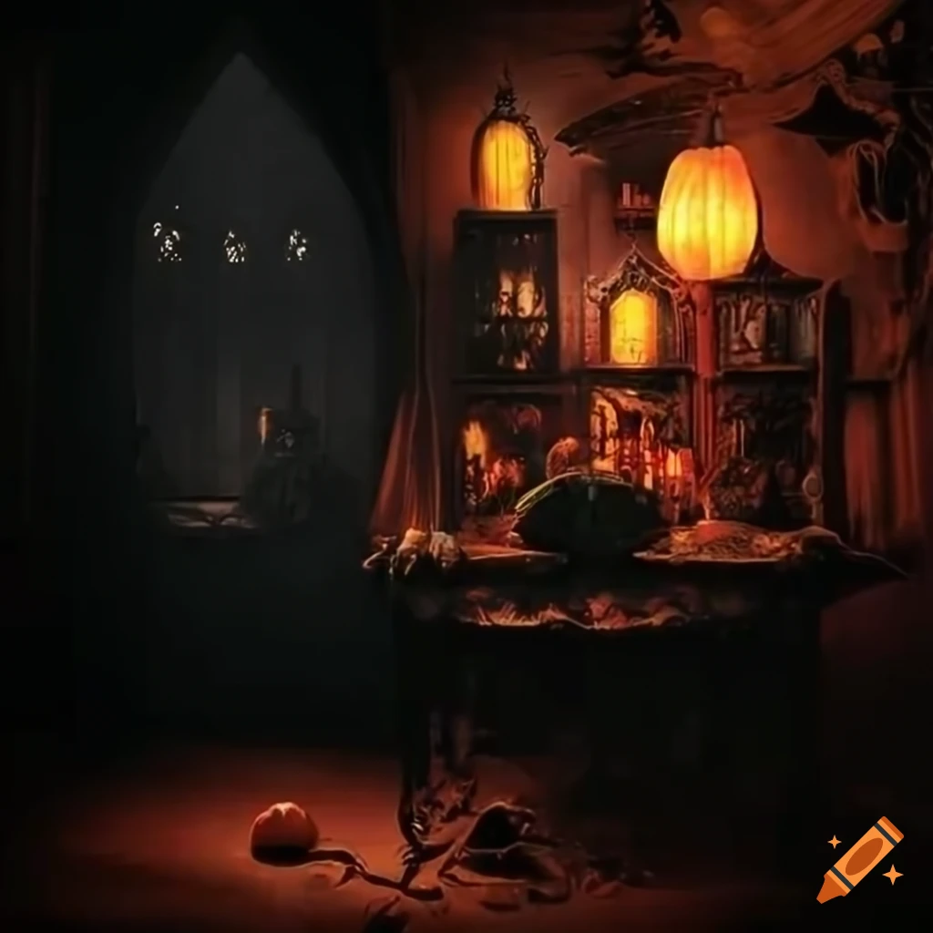 gothic room with pumpkins for Halloween celebration