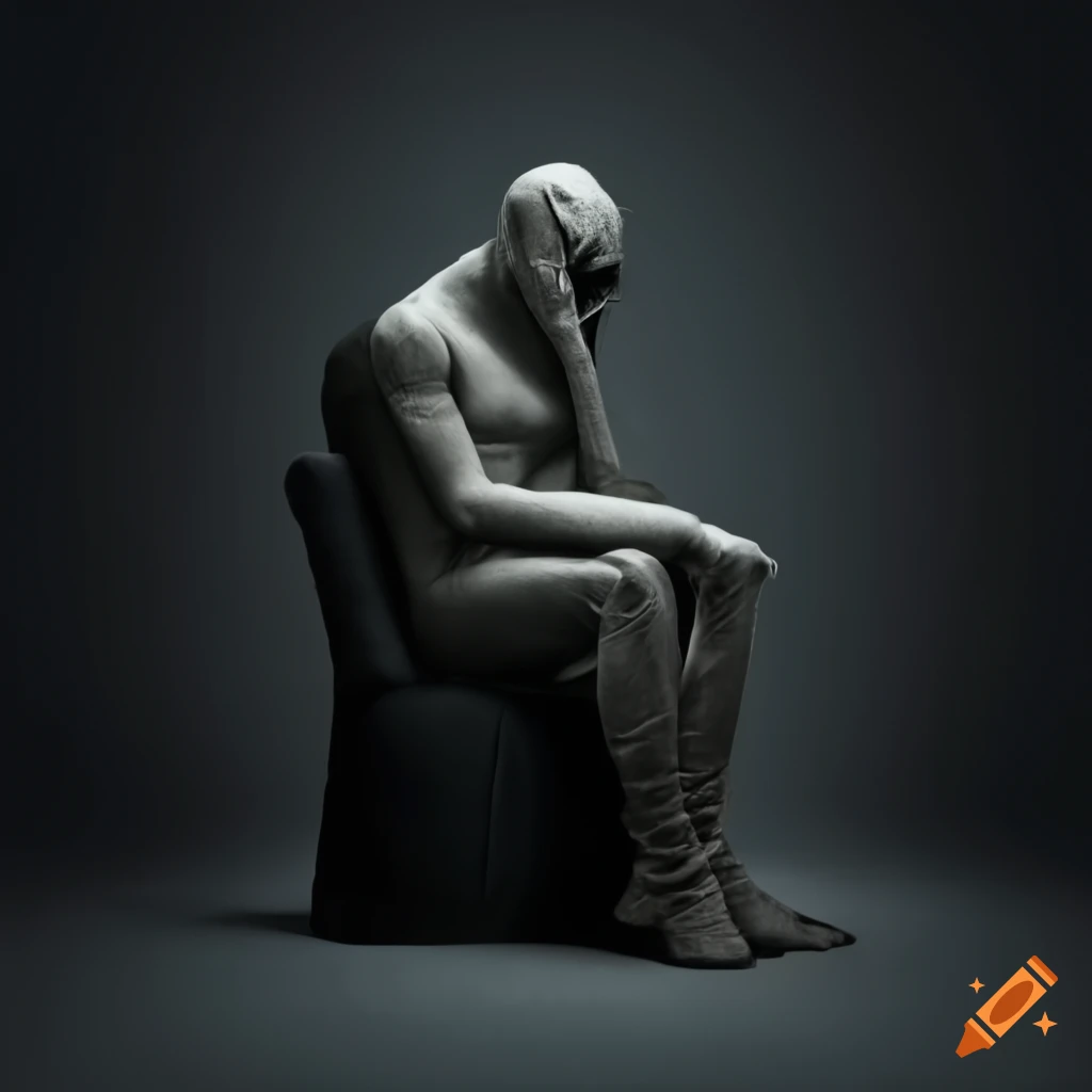 Dark artwork of a person sitting alone in a void with a mask on Craiyon
