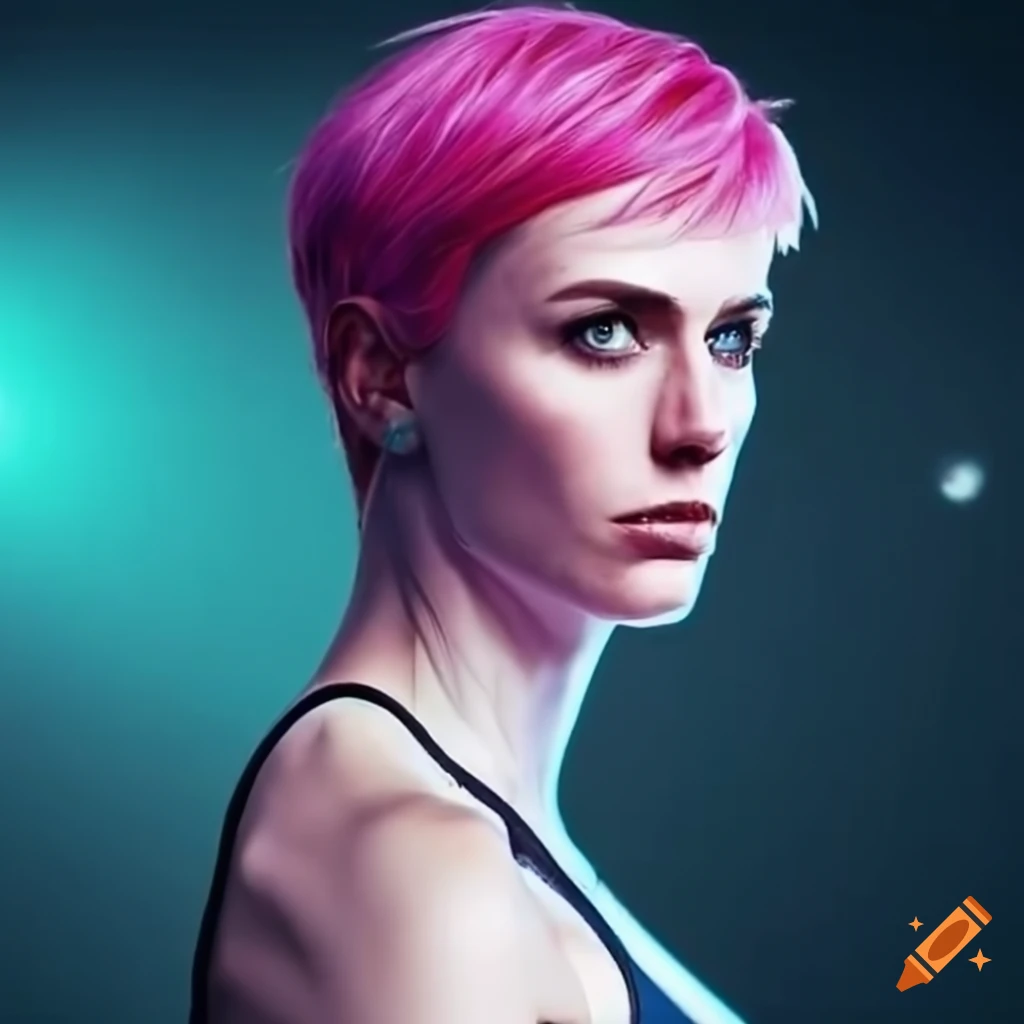 portrait of a futuristic woman with pink hair and green eyes