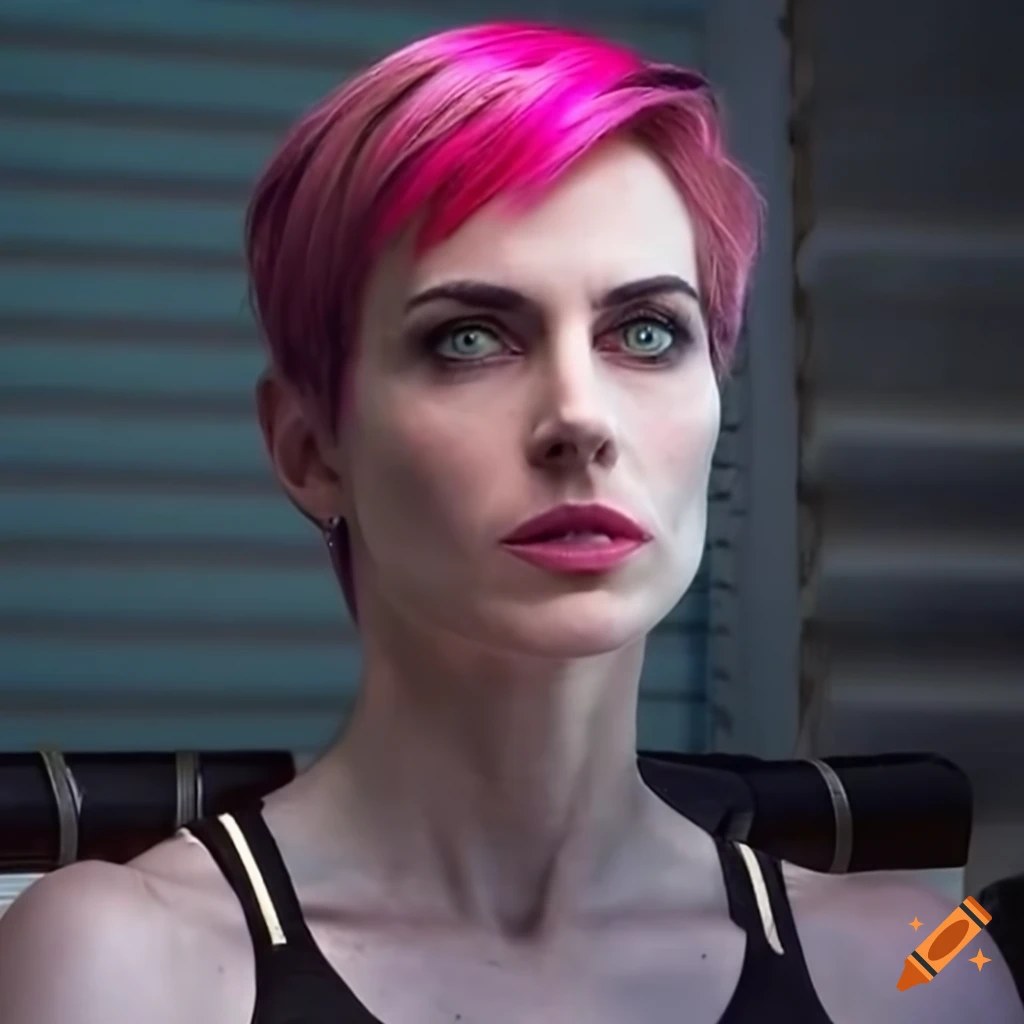 image of a futuristic-looking woman with short pink hair and green eyes