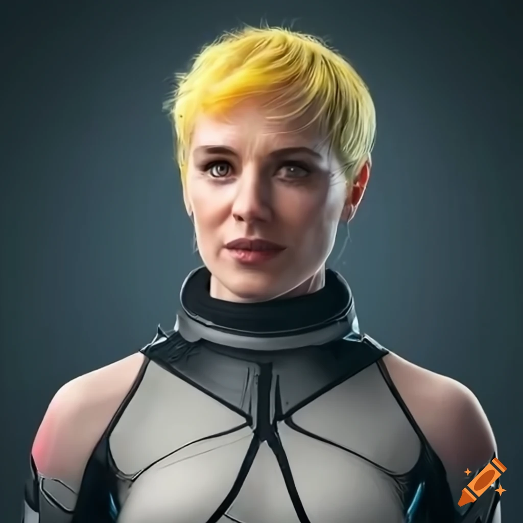 character design of a strong woman with short yellow hair in futuristic clothing