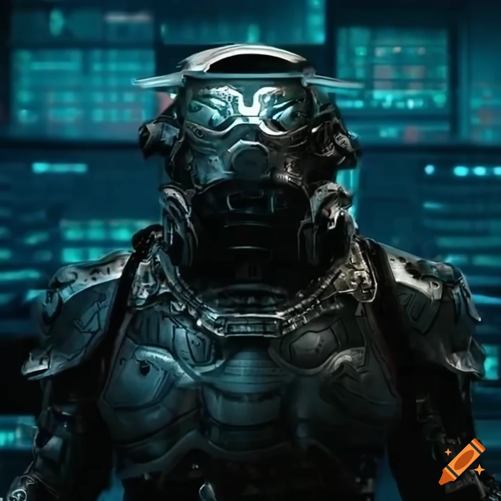 photo of a man in black power armor looking at a futuristic computer screen on a starship