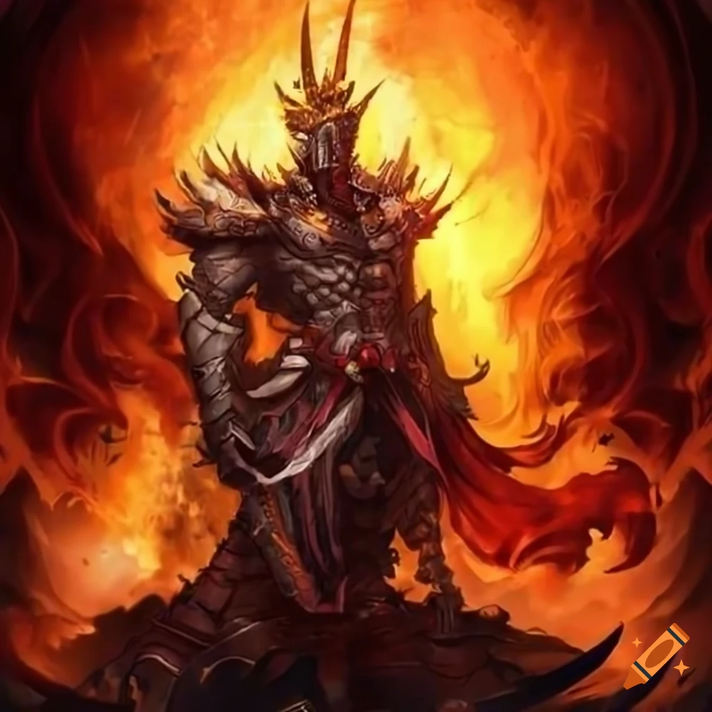 image of an armored demon god surrounded by fire