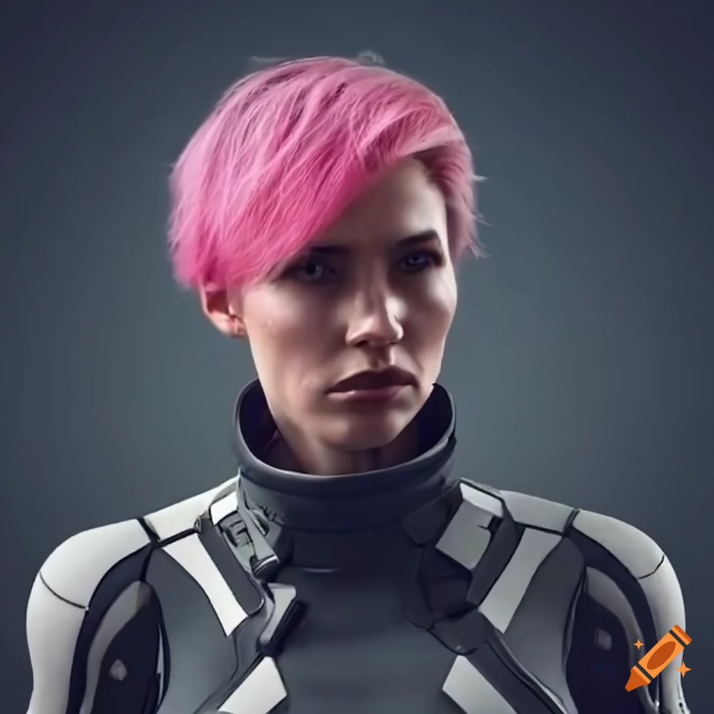 character design of a strong woman with short pink hair in futuristic clothing