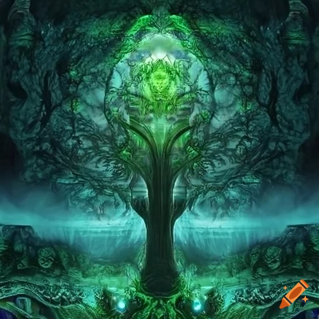 Green sacred tree in a futuristic setting on Craiyon