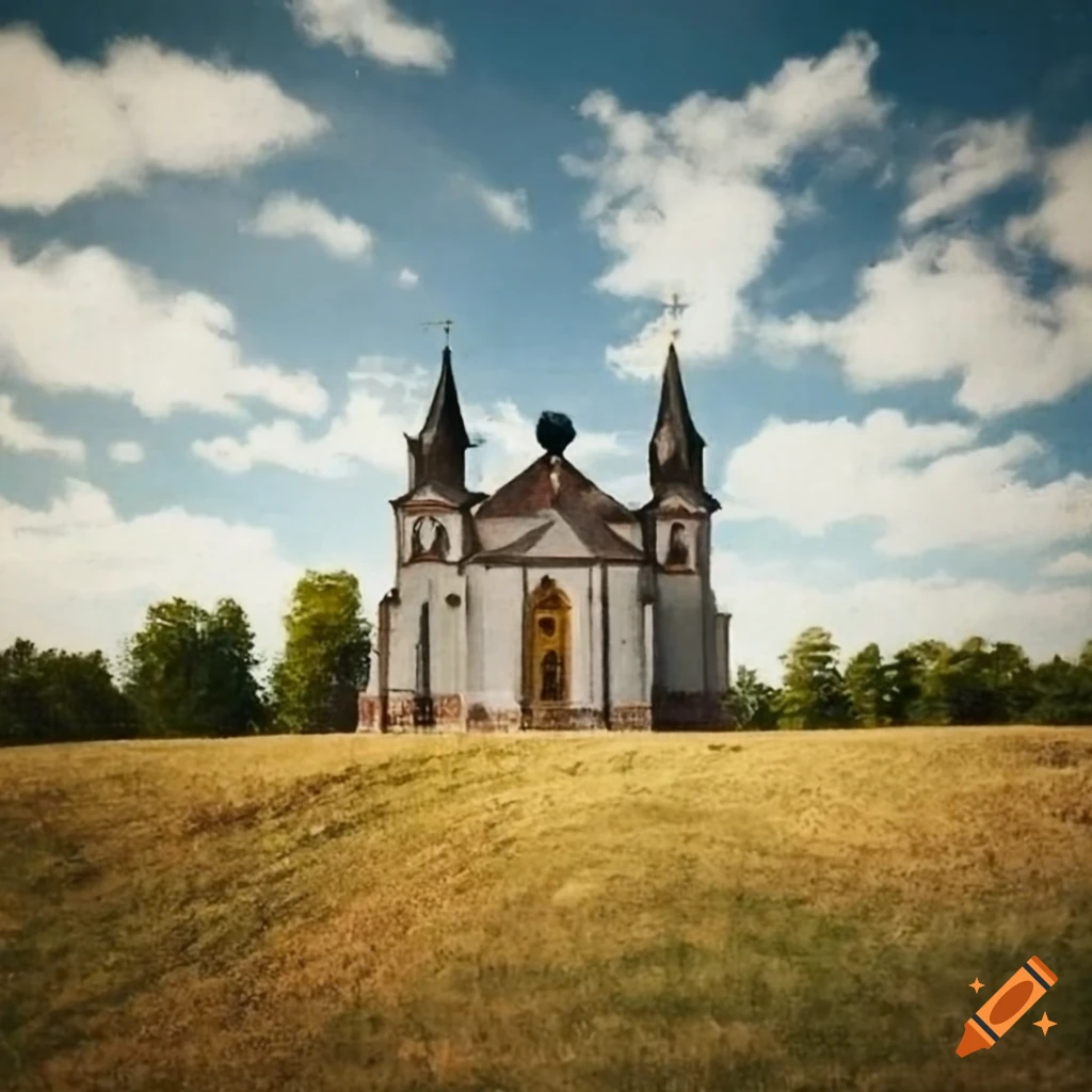 scenic landscape with a church and pilgrims