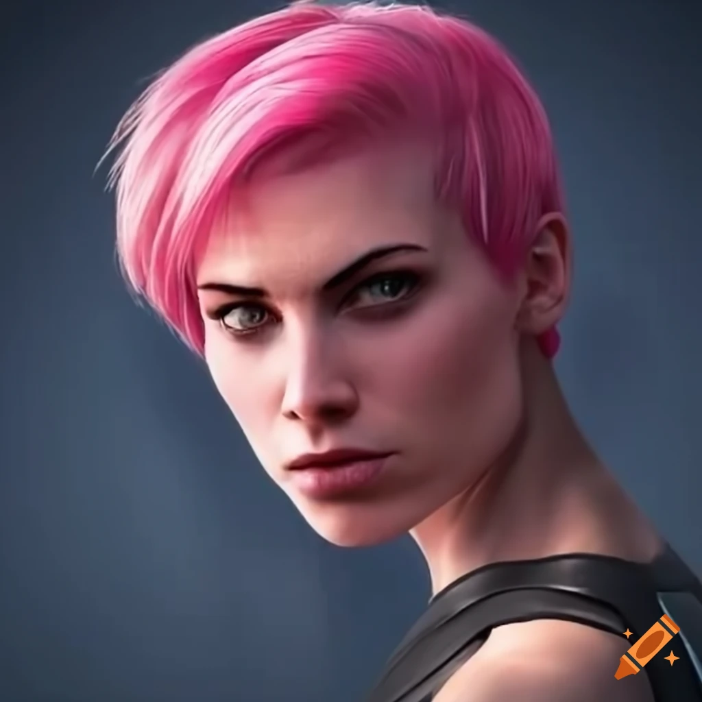 character design of a strong woman with pink hair and futuristic clothing