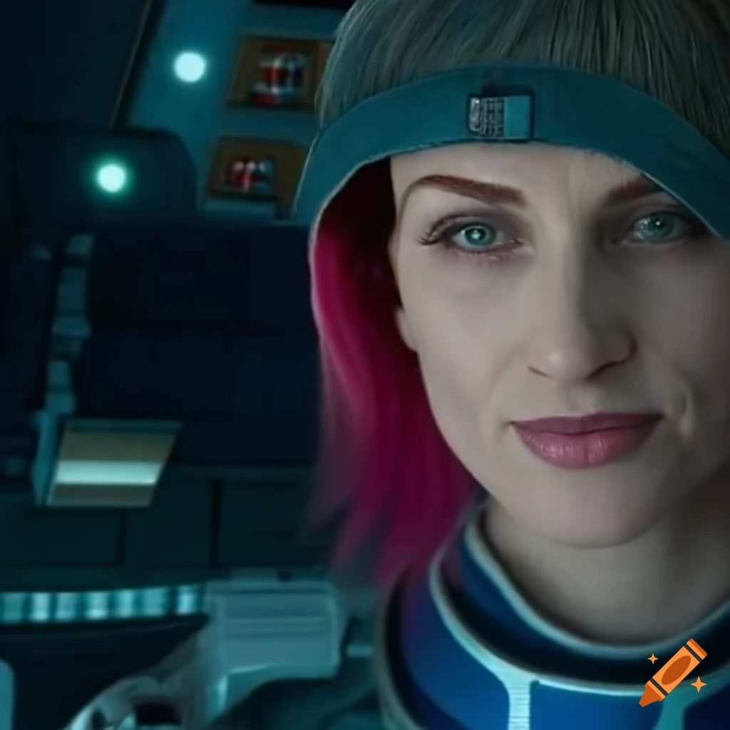 30-year-old woman with short pink hair in futuristic clothing