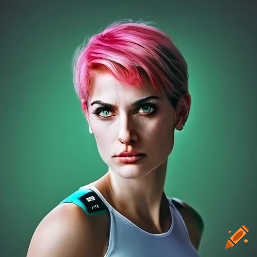 Volleyball player with short pink hair and green eyes on Craiyon