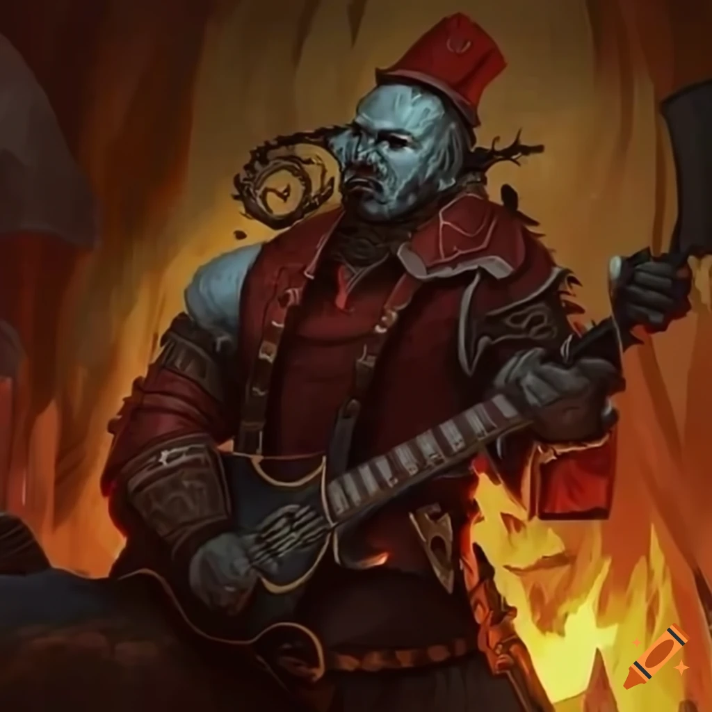 Goliath bard playing a waraxeguitar on Craiyon