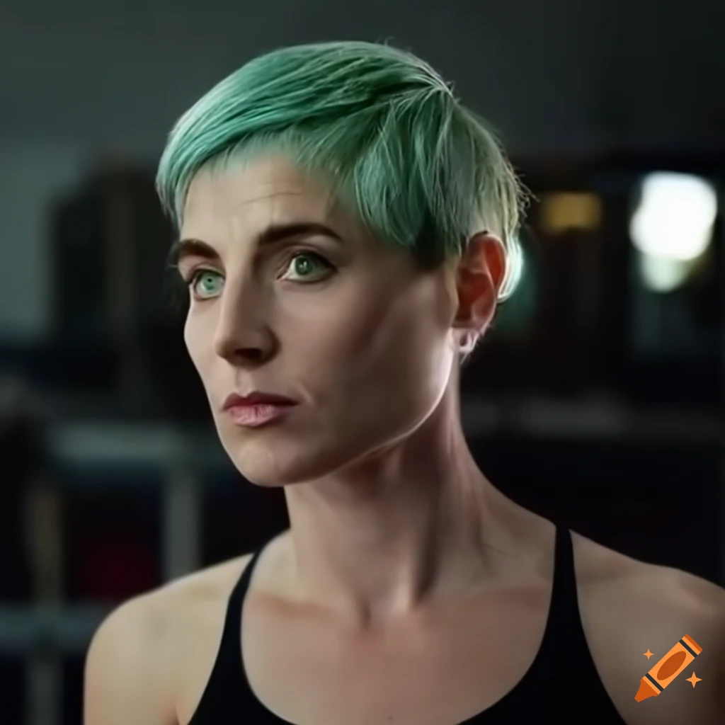 portrait of a strong athletic woman with short green hair