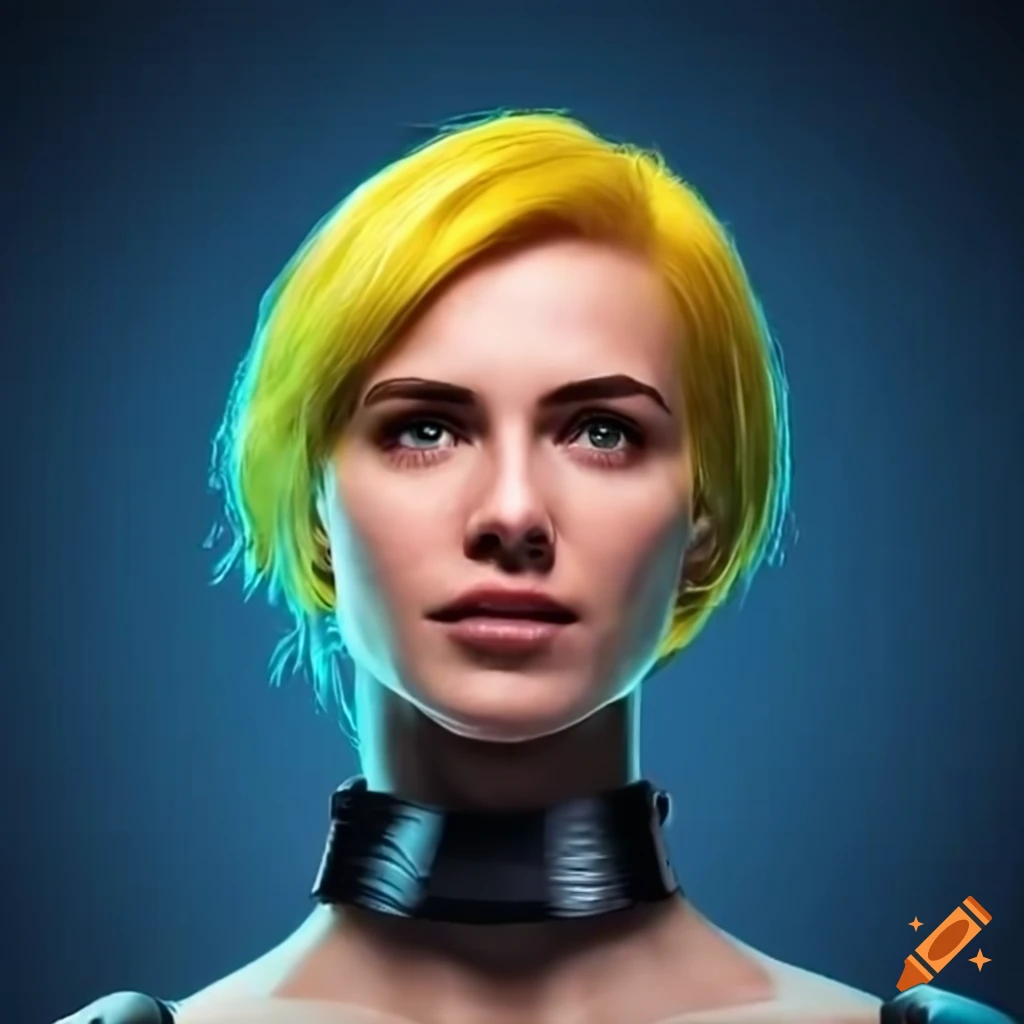character design of a strong woman with short yellow hair in futuristic clothing