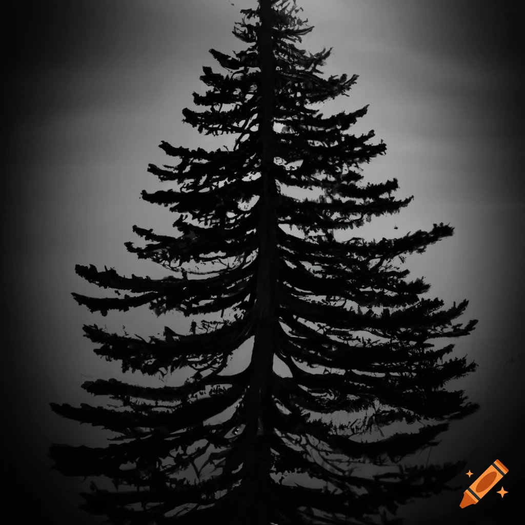 creepy black and white image of a pine tree