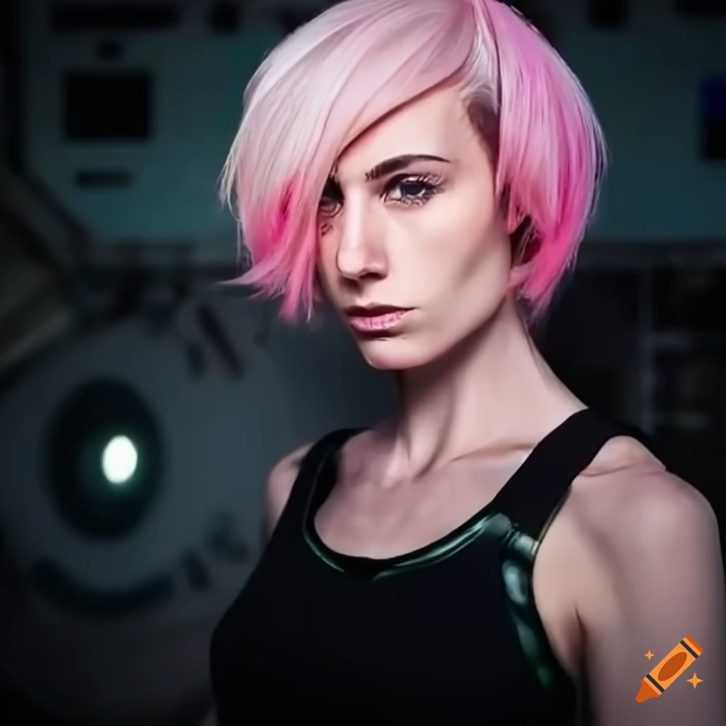 character design of a strong woman with short pink hair in futuristic clothing