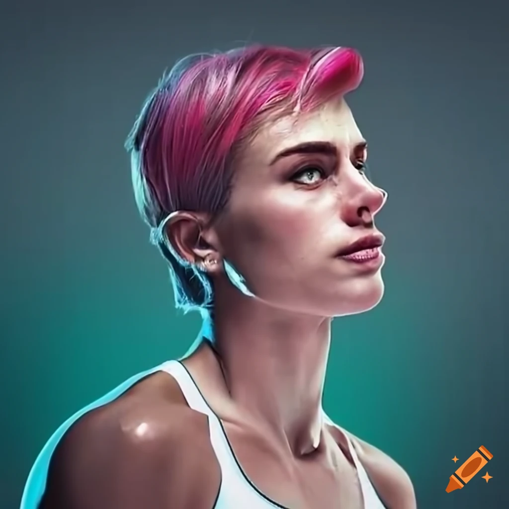 Athletic Woman With Short Pink Hair And Green Eyes On Craiyon