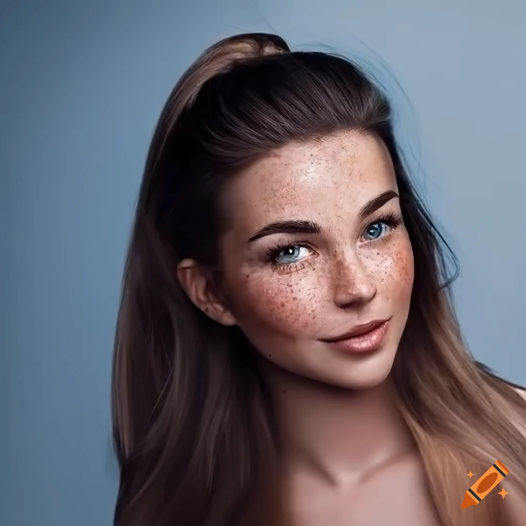 Portrait of a smiling young woman with freckles and dark brown hair on ...