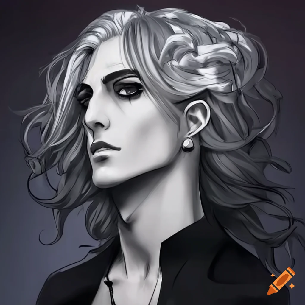 highly detailed anime-style illustration of Damiano David with platinum hair